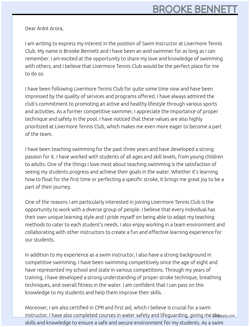 Swim instructor At Livermore Tennis Club Cover Letter