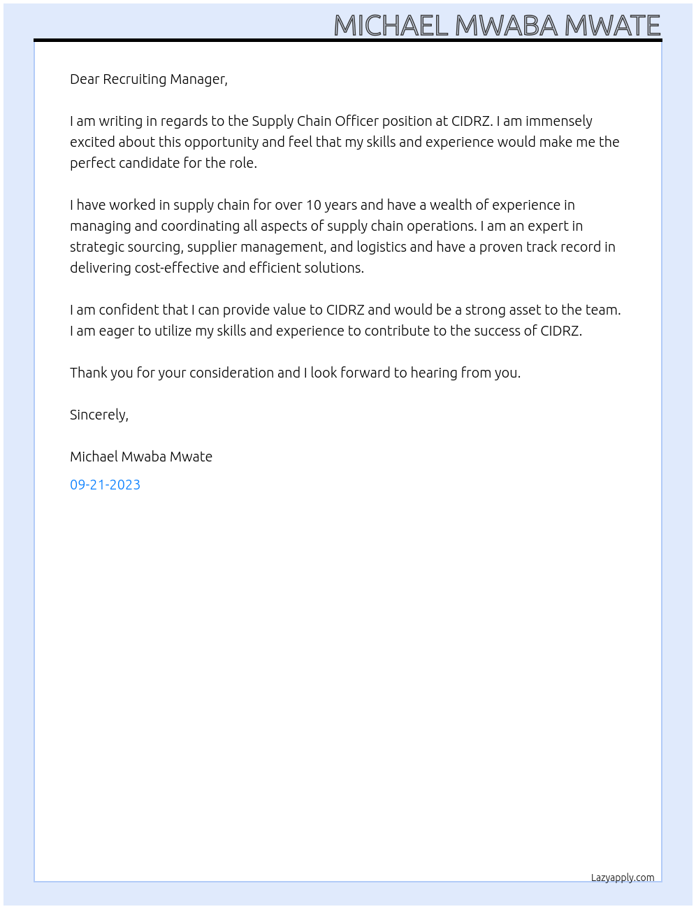Supply Chain Officer At CIDRZ Cover Letter
