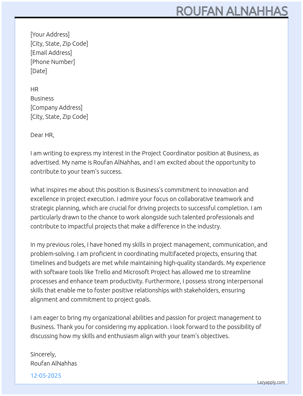 Cover letter for project coordinator - LazyApply
