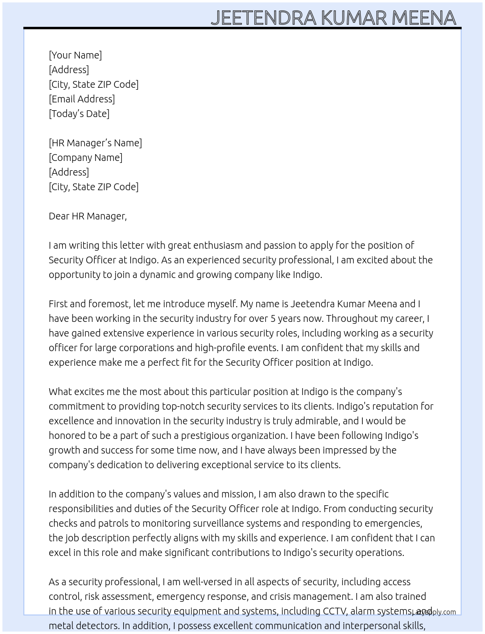 Security officer  At Indigo  Cover Letter