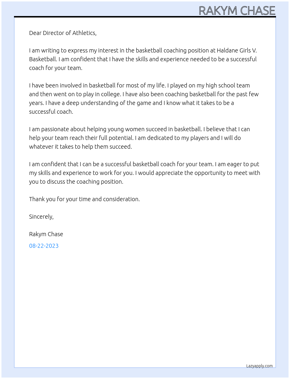 Basketball Coach At Haldane Girls V. Basketball Coach Cover Letter