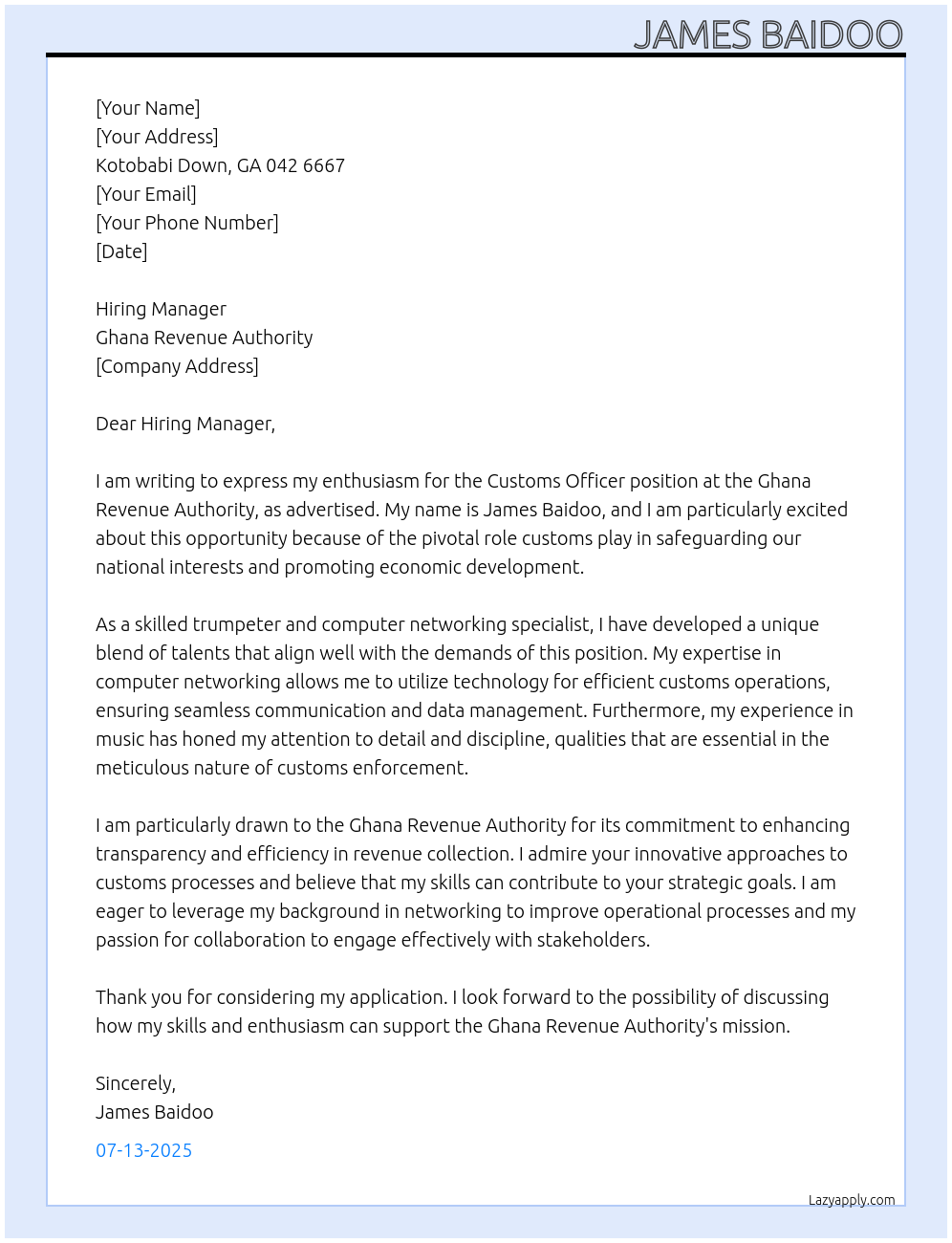 Cover letter for customs officer - LazyApply