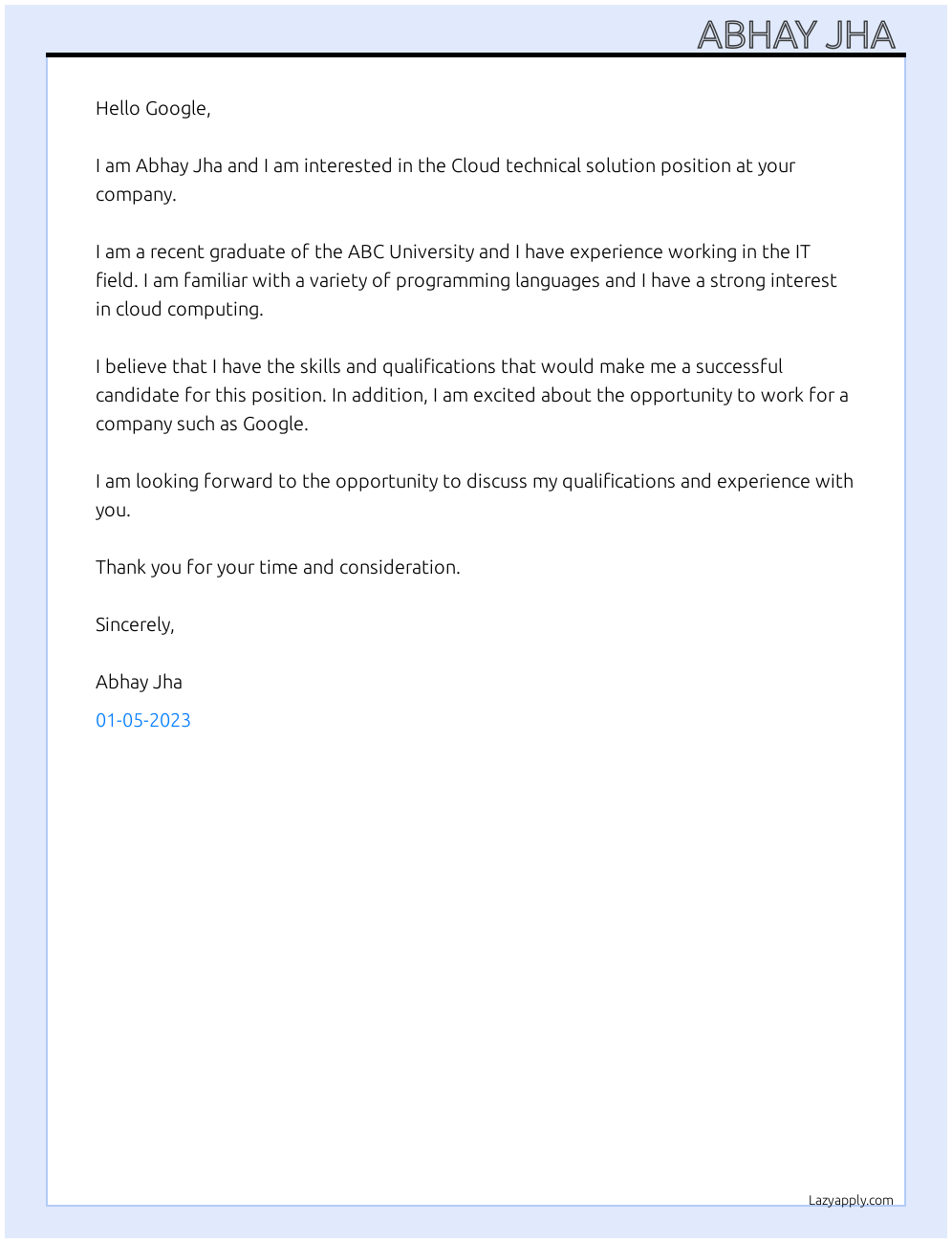 Cover letter for cloud technical solution - LazyApply