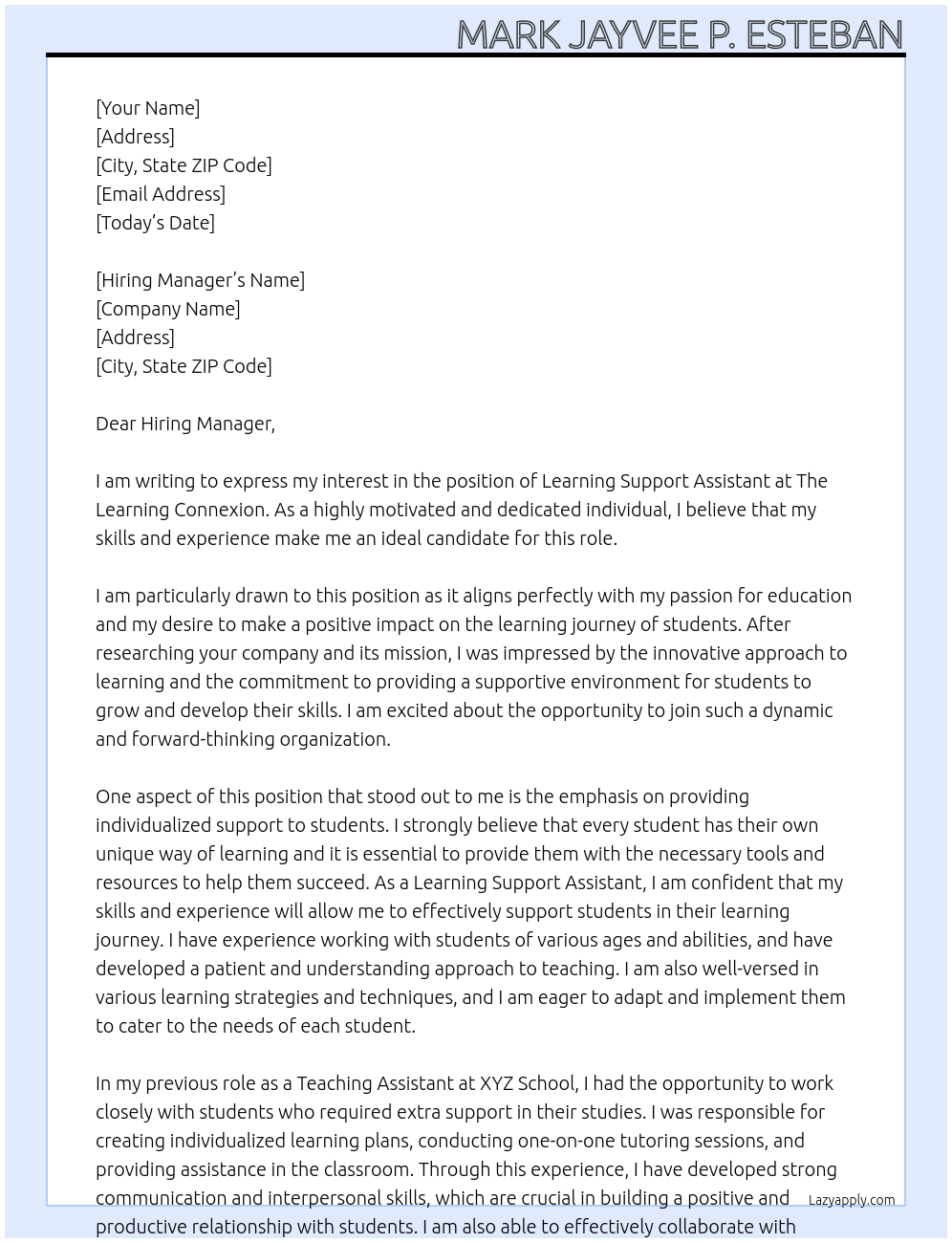 Learning Support Assistant At The Learning Connexion Cover Letter