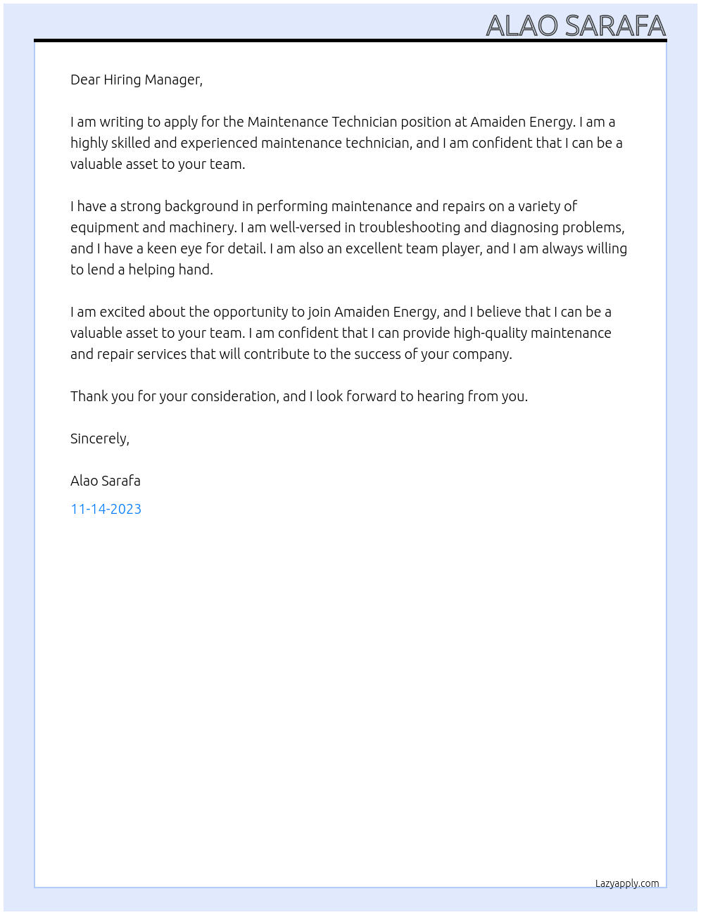 Maintenance technician At Amaiden Energy Cover Letter