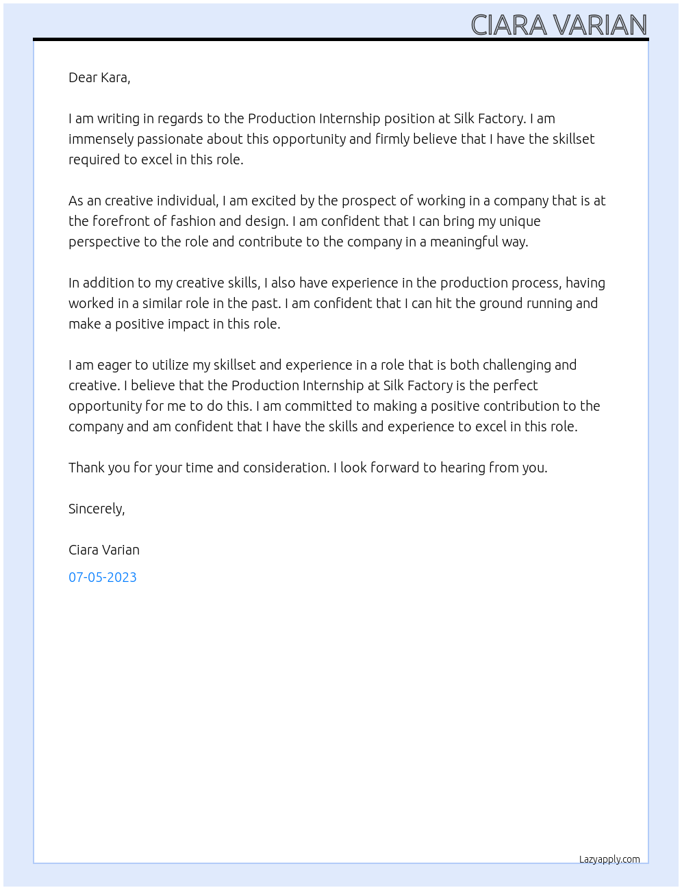 Production Internship At Silk Factory  Cover Letter