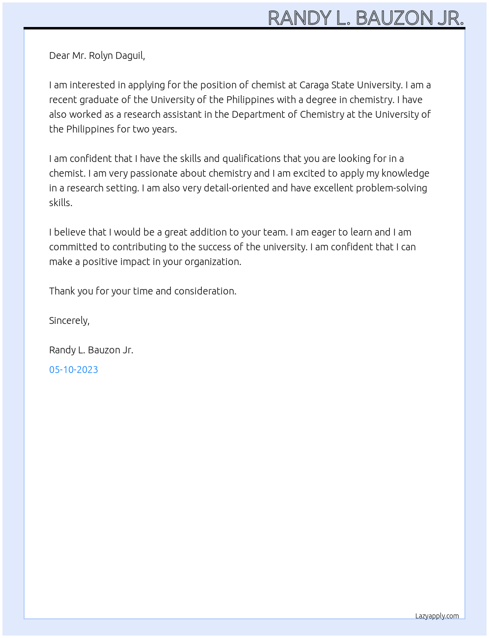 chemist At caraga state university Cover Letter