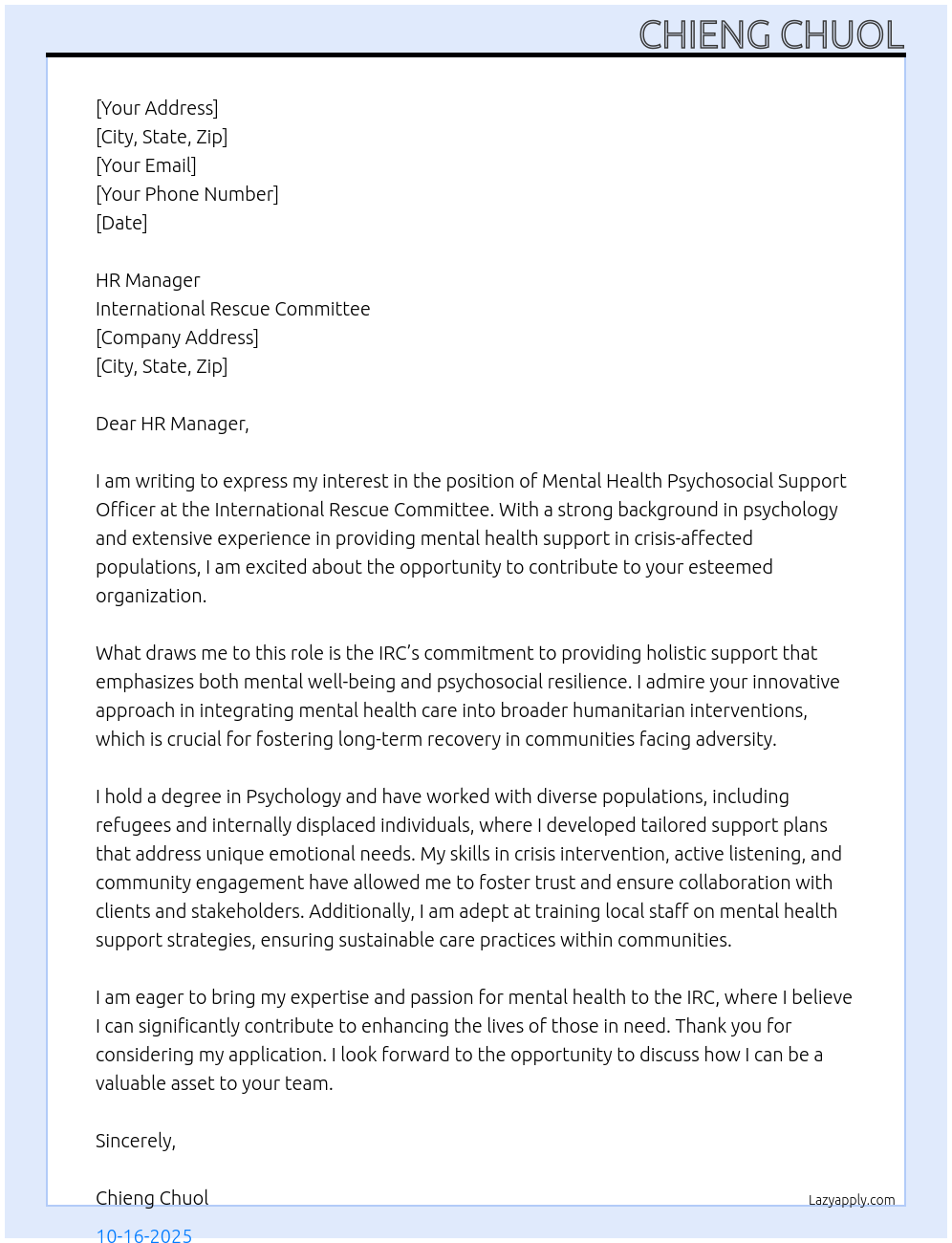 Mental Health Psychosocial Support Officer At International Rescue Committee Cover Letter