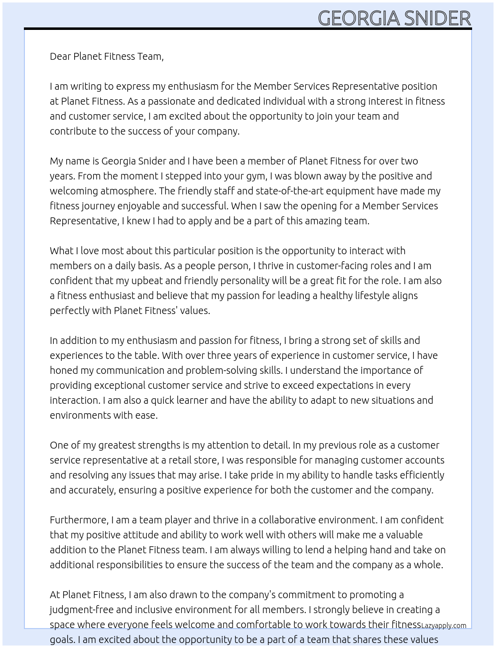 Member Services Representative  At Georgia  Cover Letter