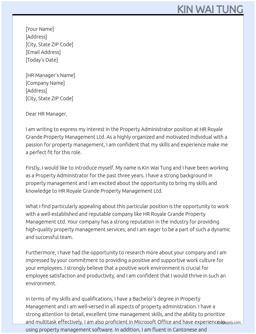 Property Administrator At HR Royale Grande Property Management Ltd Cover Letter