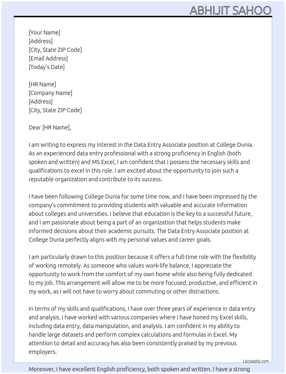 Data entry associate At College Dunia Cover Letter