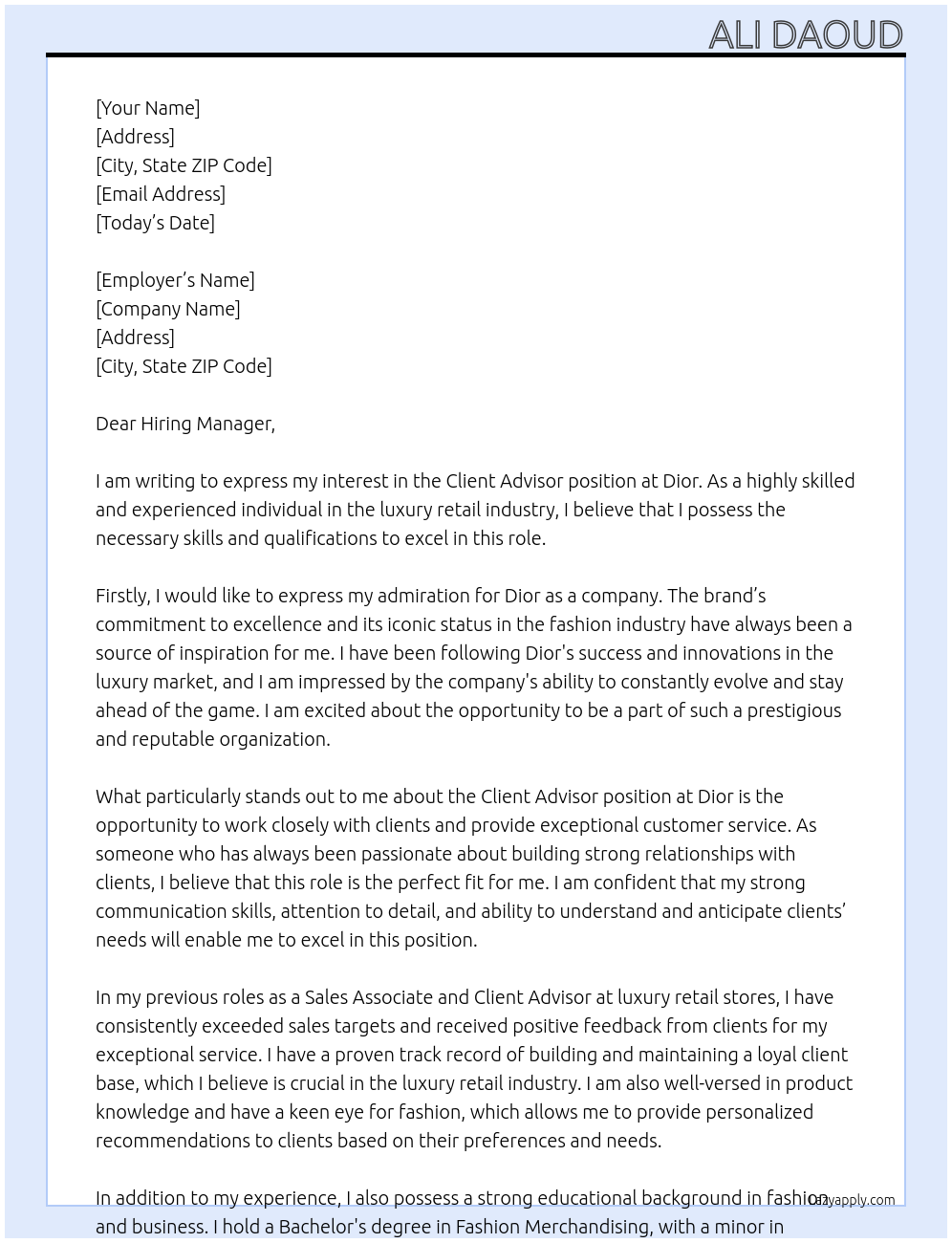 Client advisor At Dior Cover Letter