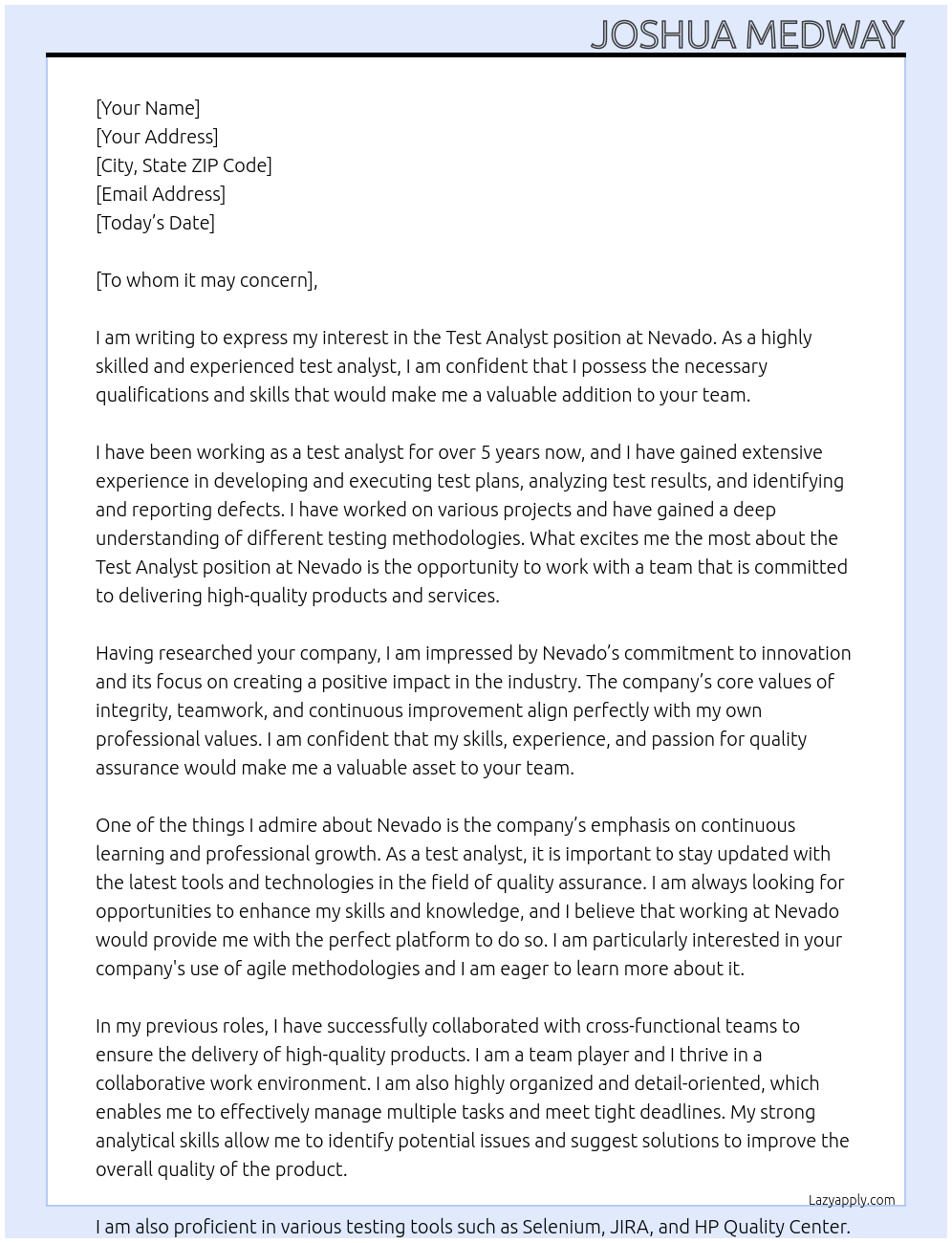 Test Analyst At Nevado Cover Letter