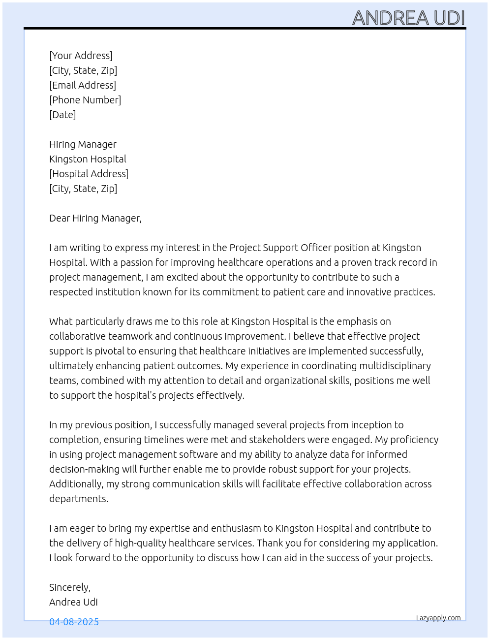 Project Support Officer At Kingston hospital Cover Letter