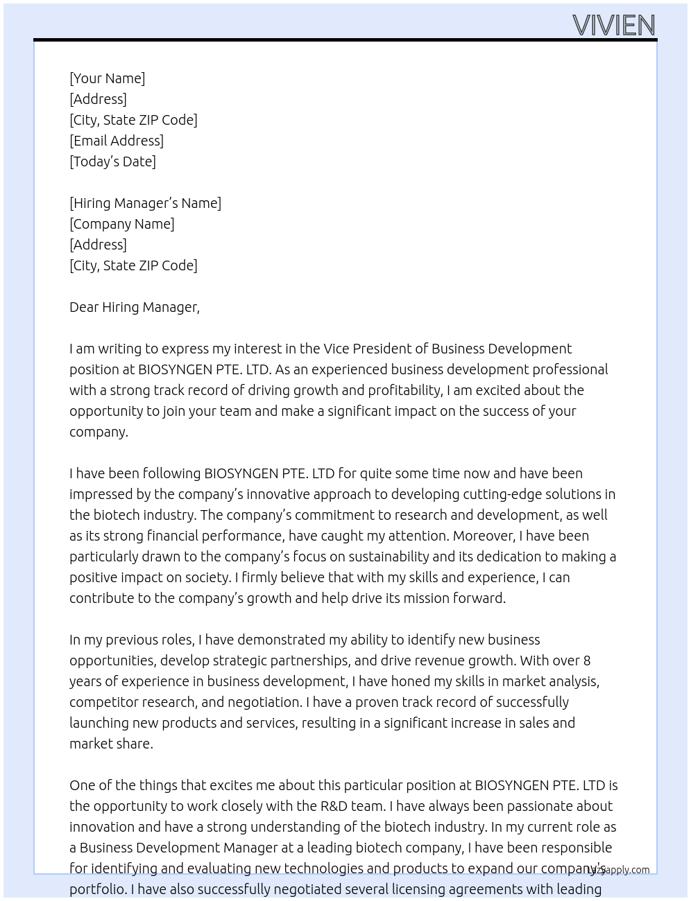 Vice President, Business Development At BIOSYNGEN PTE. LTD Cover Letter