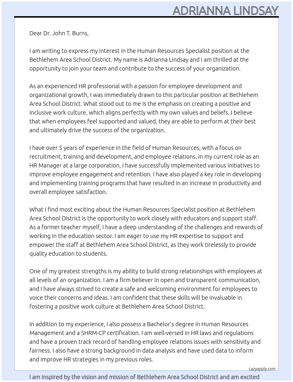 Human Resources Specialist At Bethlehem Area School District Cover Letter