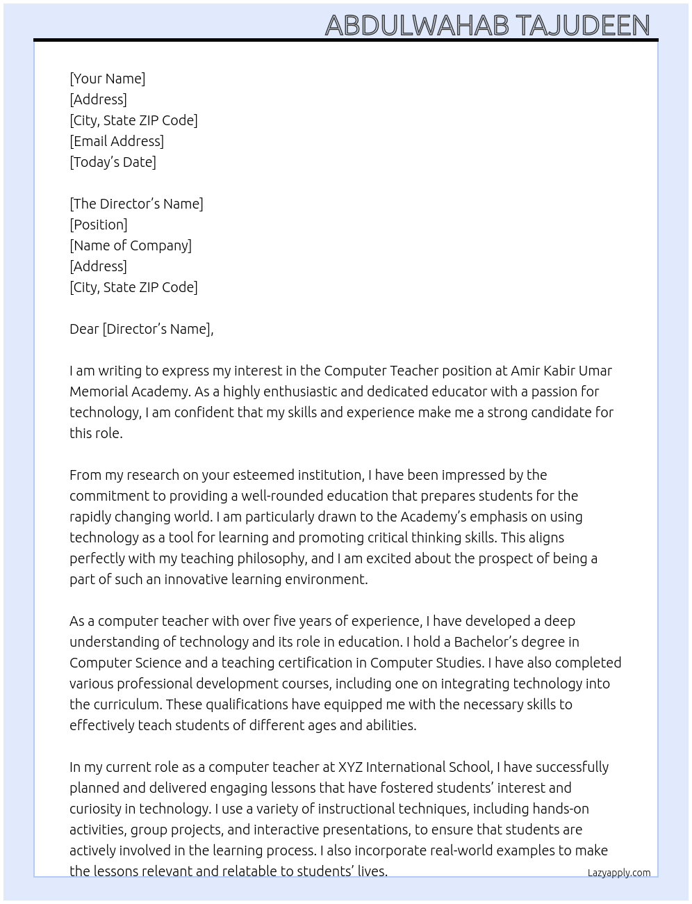 Computer teacher At Amir Kabir Umar Memorial Academy Cover Letter