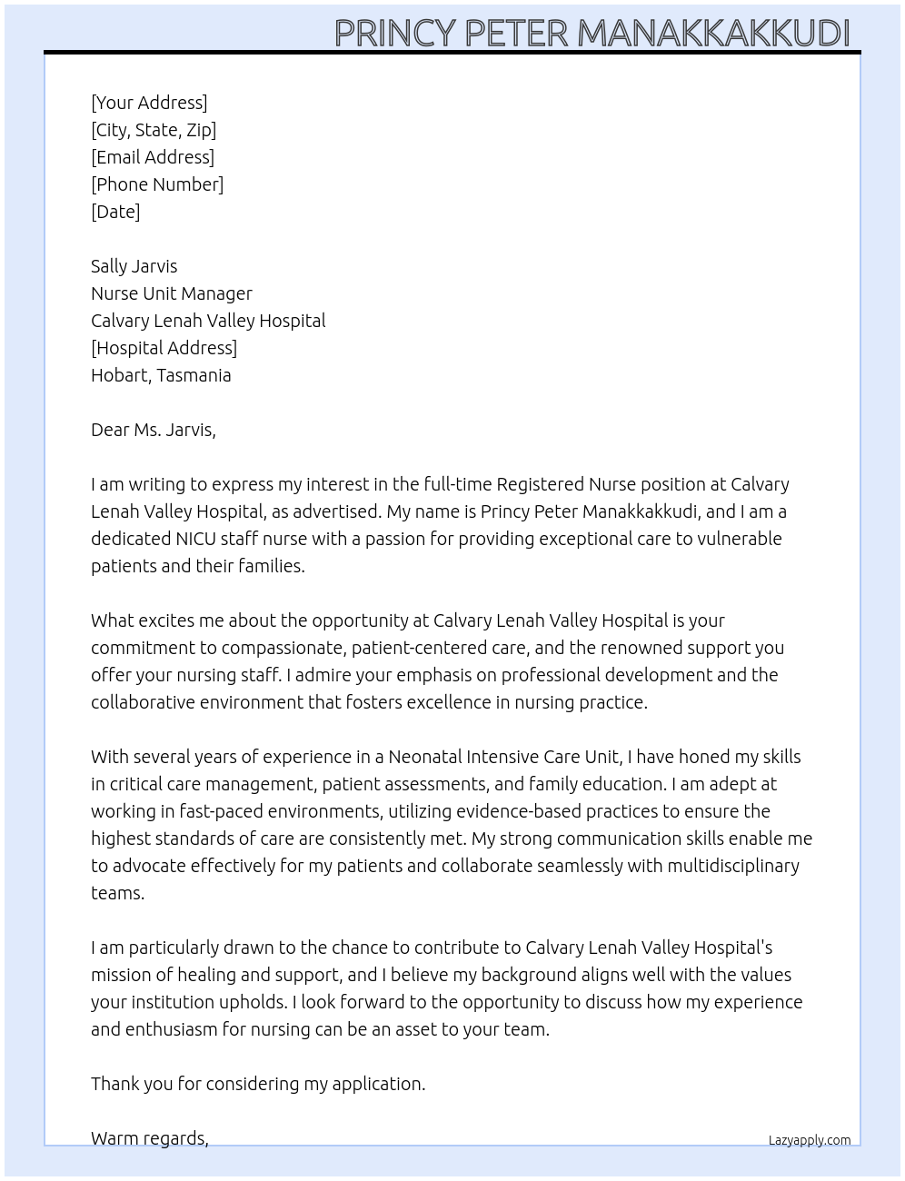 Registered nurse At Calvary Lenah Valley Hospital Cover Letter