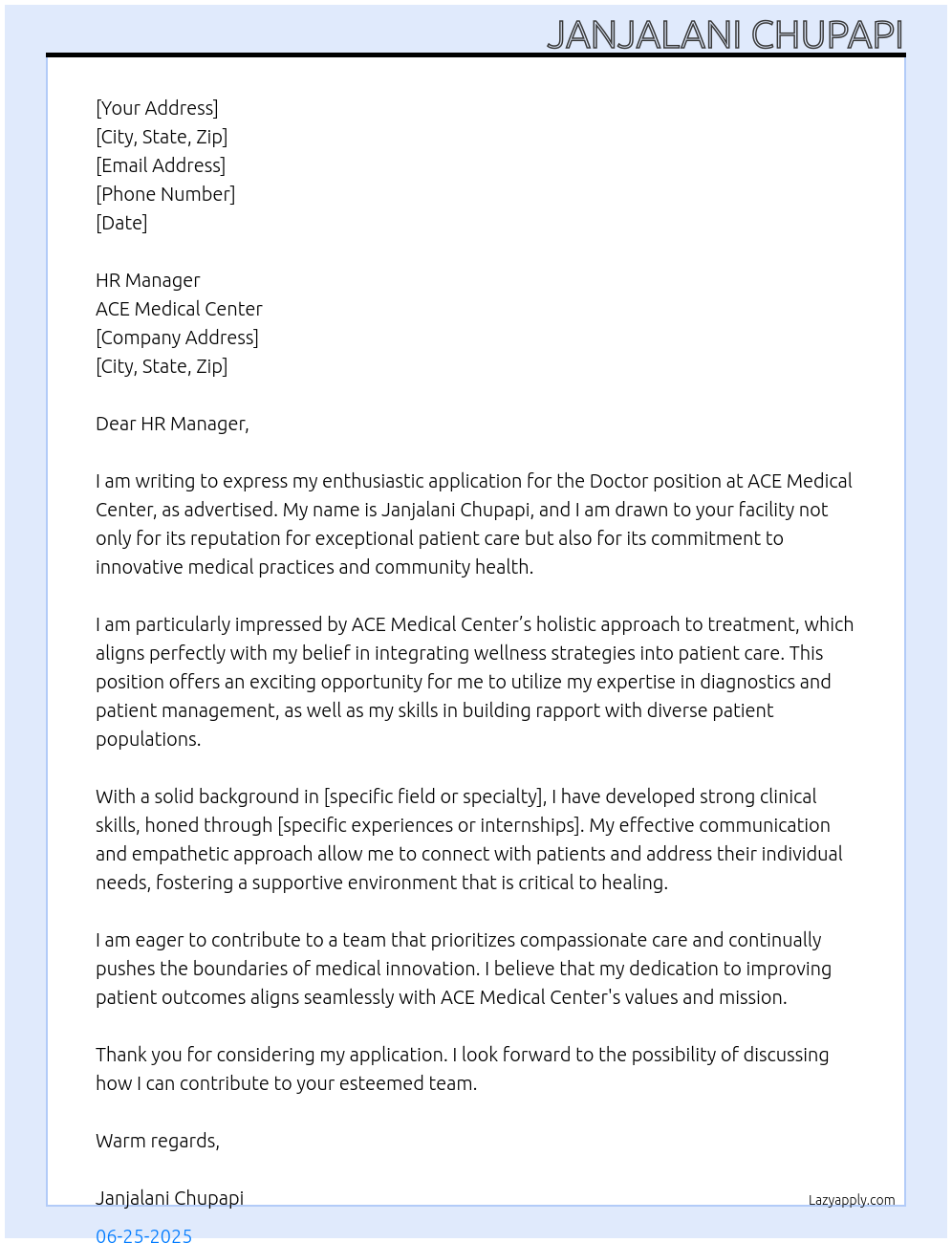 Doctor At ACE Medical Center Cover Letter