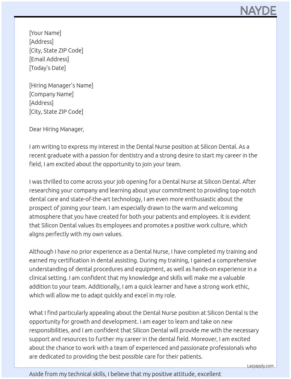Dental Nurse At Silicon Dental Cover Letter
