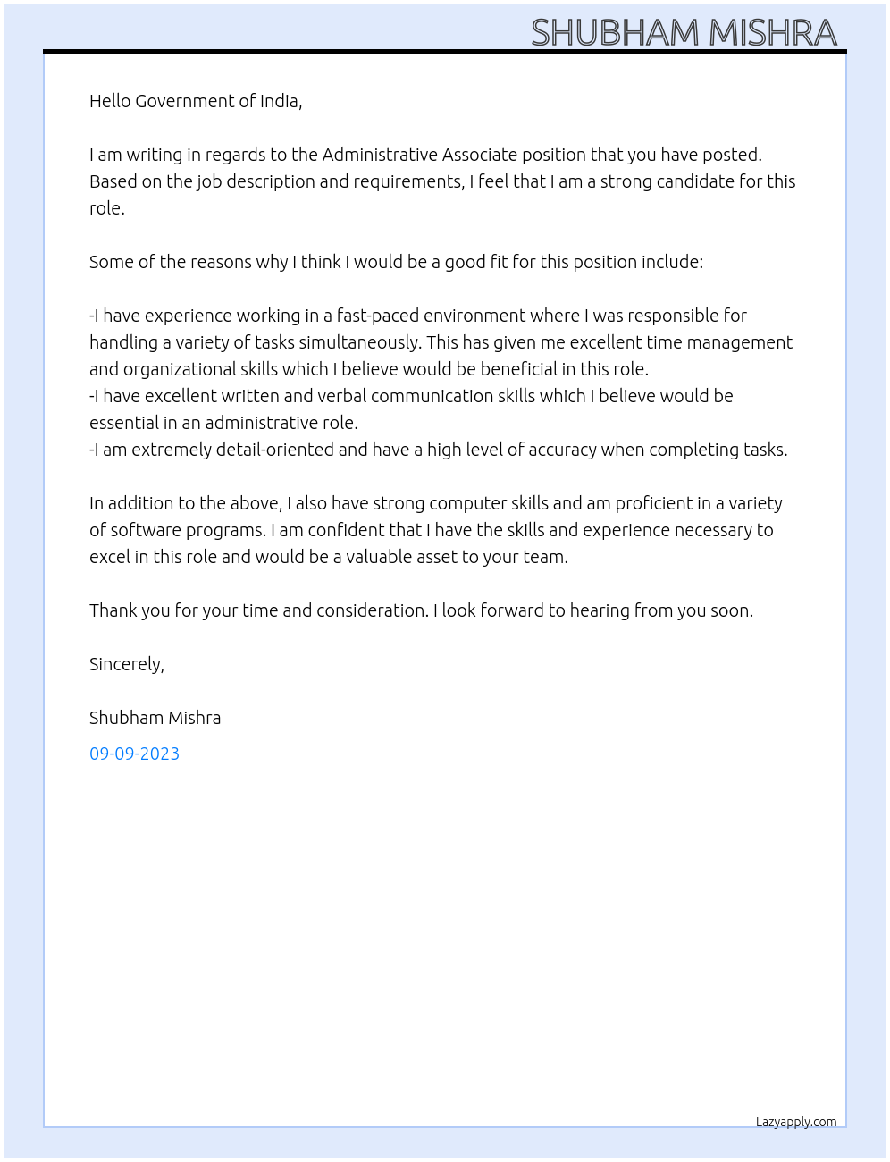 Administrative Associate At Government of india Cover Letter