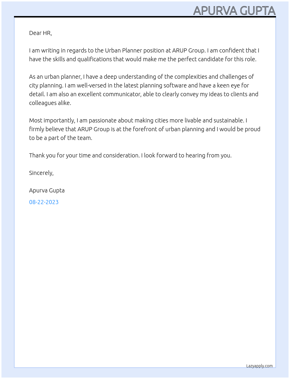 Urban Planner At ARUP Group Cover Letter