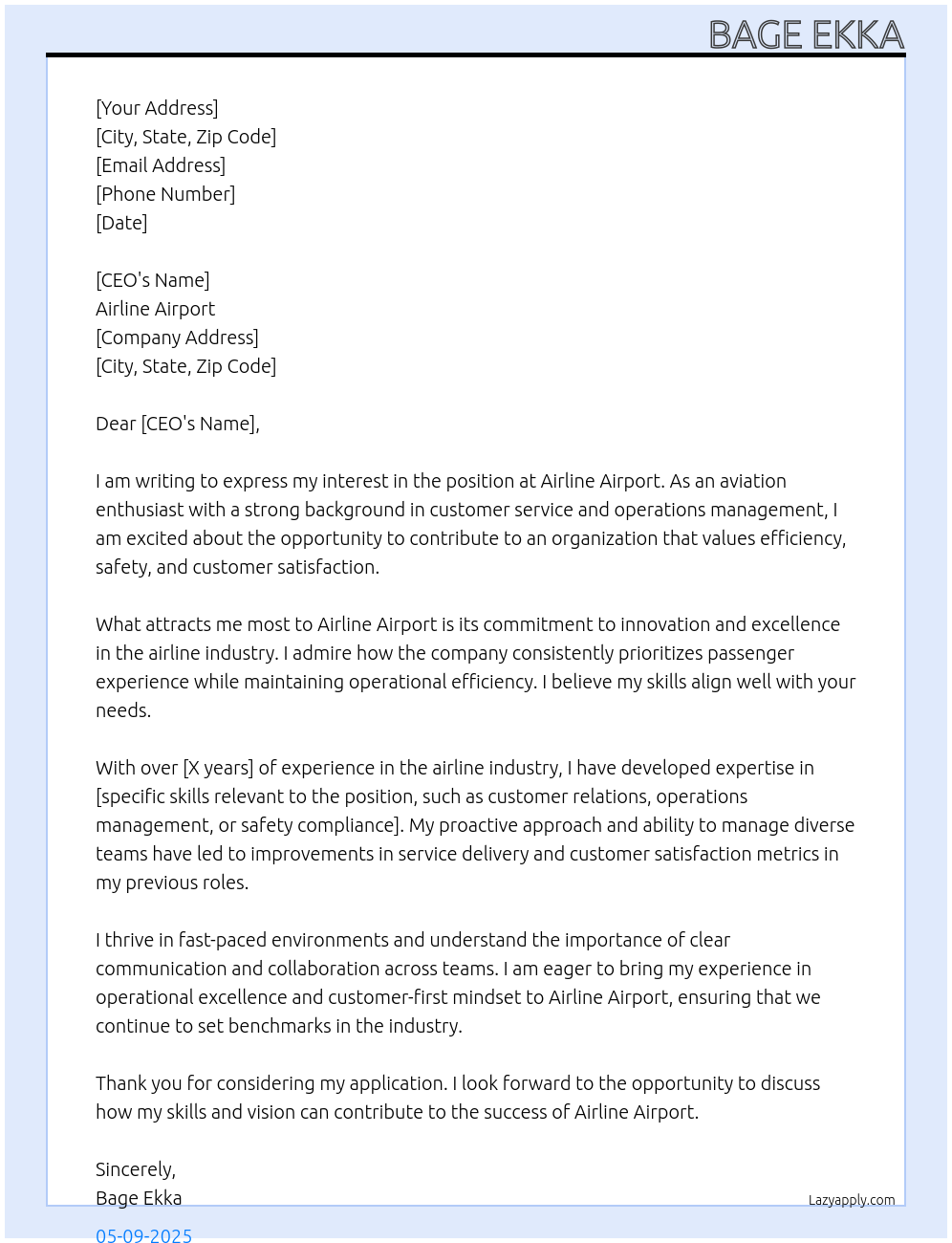 AIRLINE  At AIRLINE AIRPORT  Cover Letter