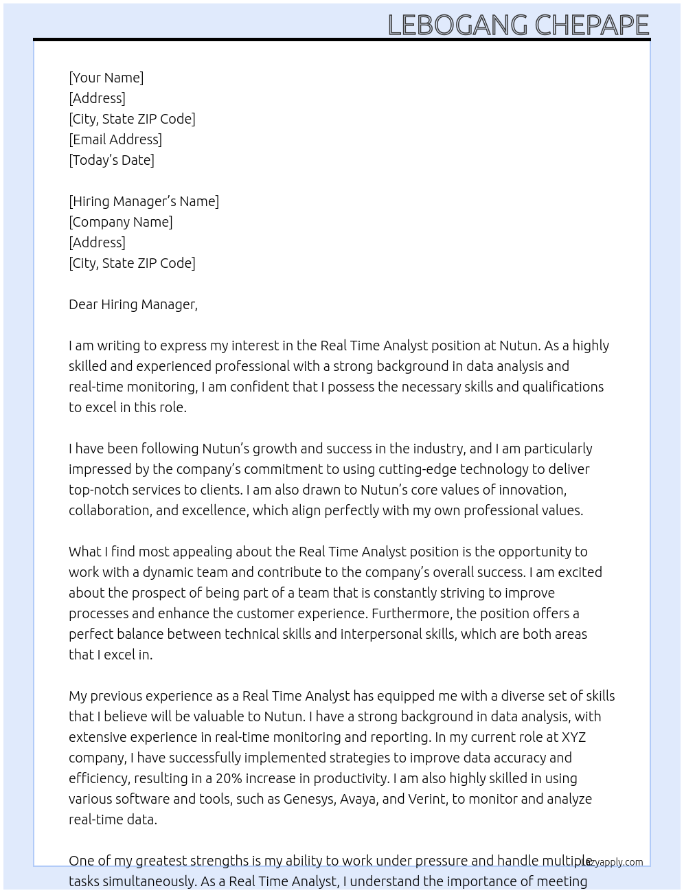 Real Time Analyst At Nutun Cover Letter