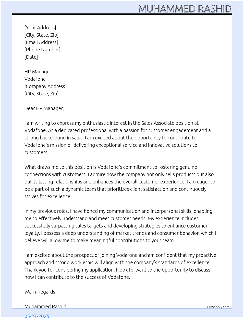 Sales Associate At Vodafone Cover Letter