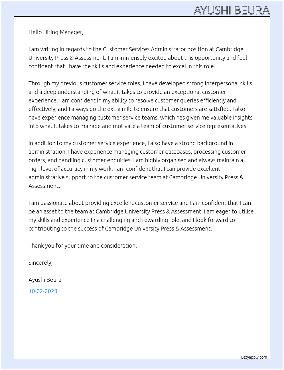 Customer Services Administrator At Cambridge University Press & Assessment Cover Letter