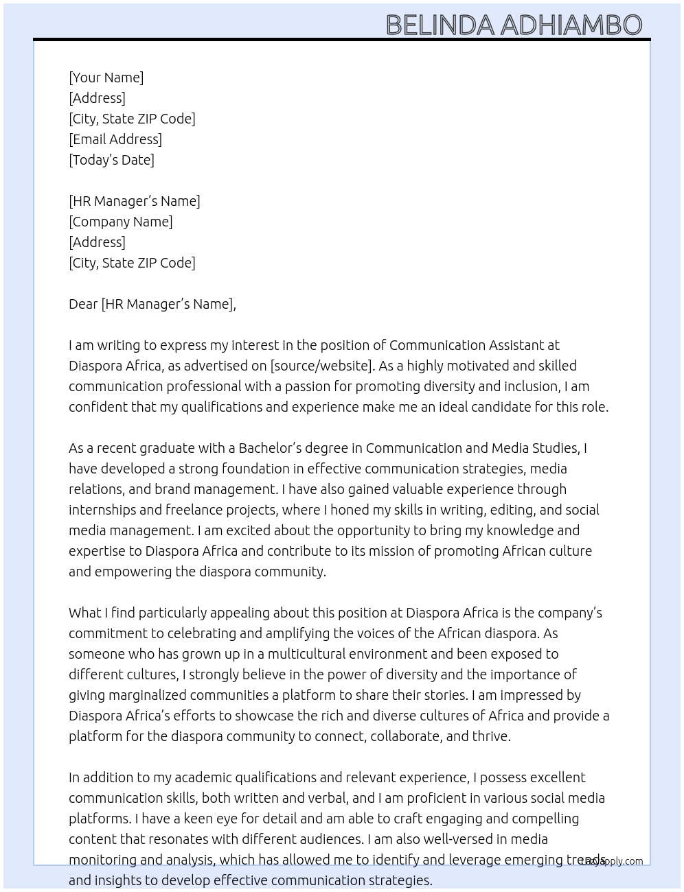 Communication Assistant  At Diaspora Africa Cover Letter