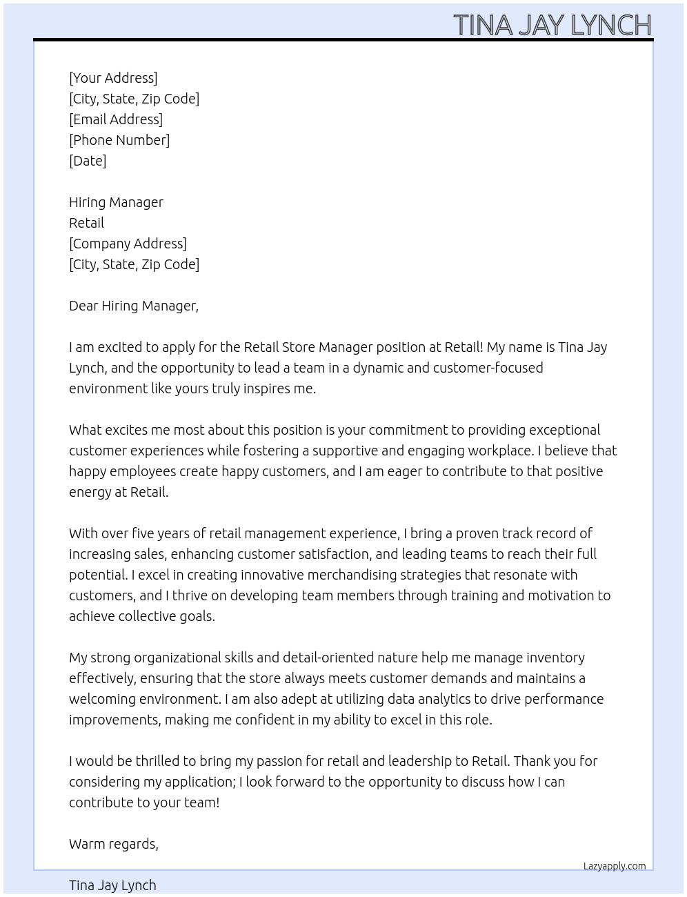 Cover letter for retail store manager - LazyApply