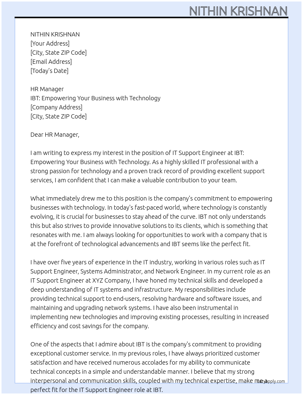 IT Support Engineer At IBT: Empowering Your Business with Technology Cover Letter