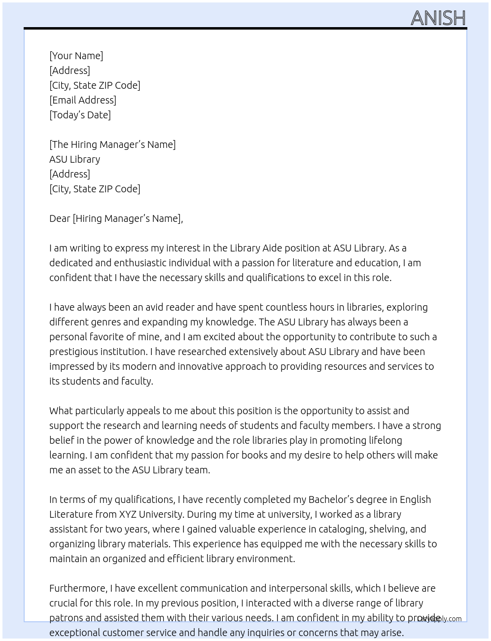 Library Aide At ASU Library Cover Letter