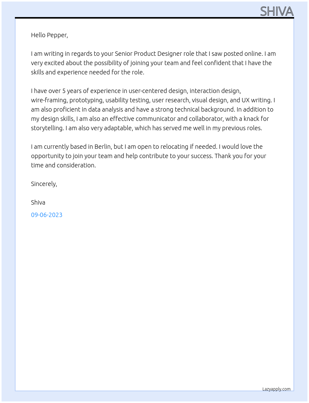 Senior Product Designer At Pepper Cover Letter