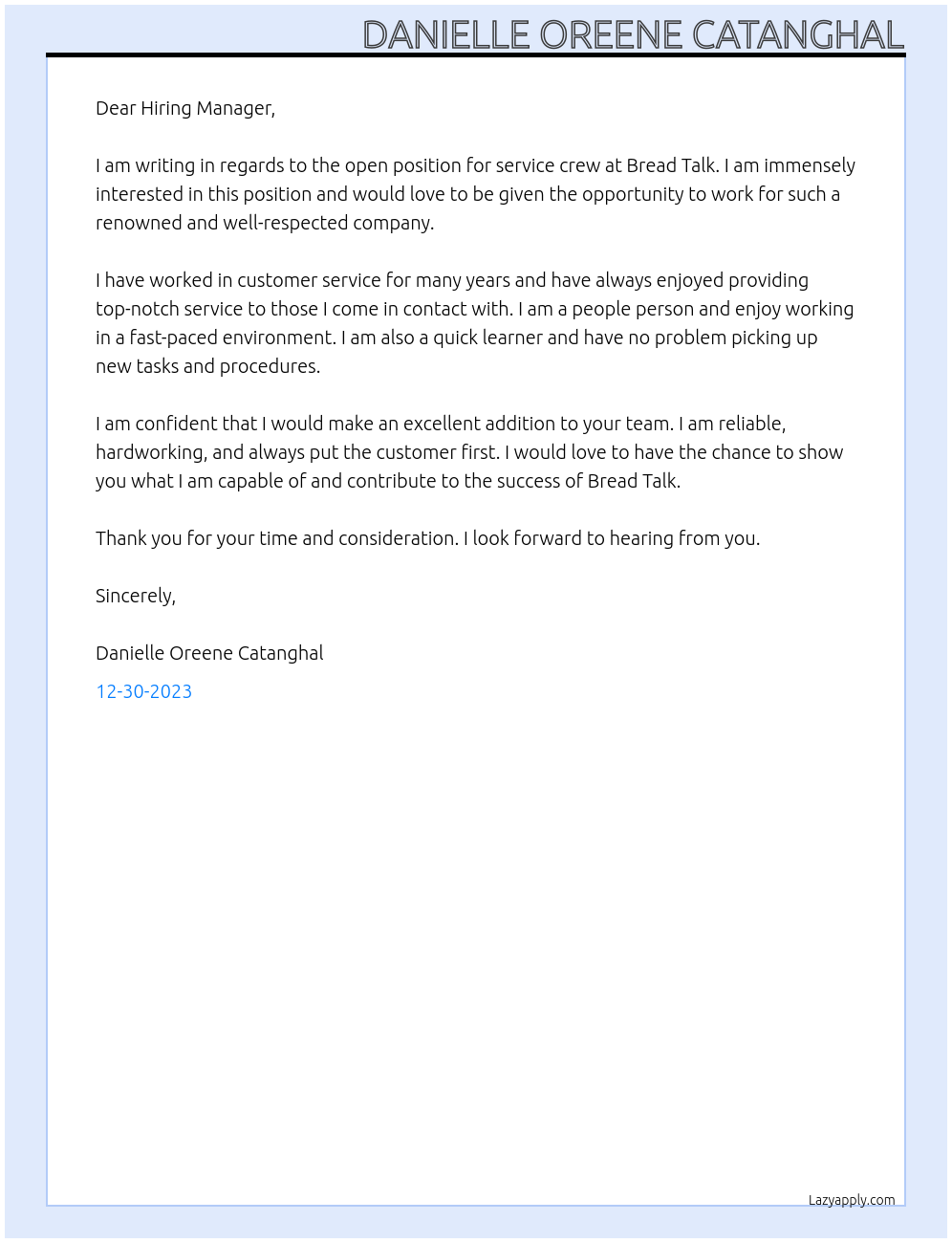 Service crew At Bread Talk Cover Letter