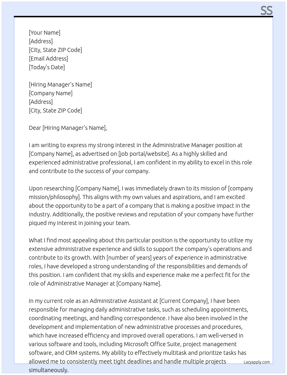 administrative manager At ss Cover Letter