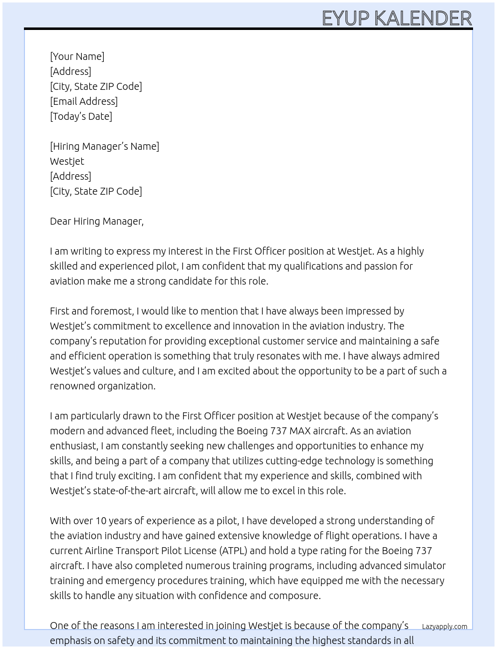 First Officer At Westjet Cover Letter
