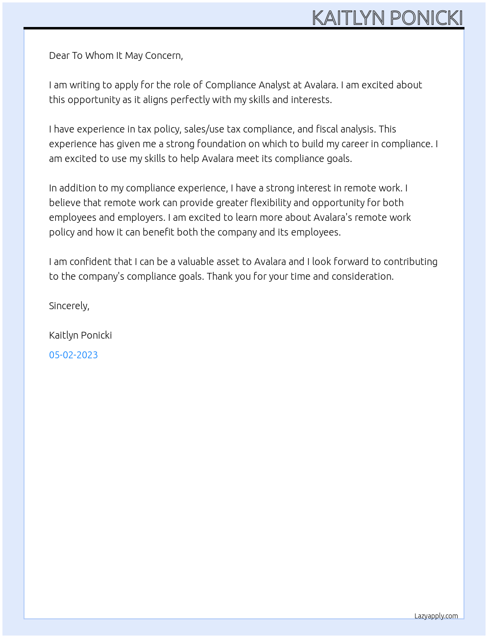 Compliance Analyst At Avalara Cover Letter