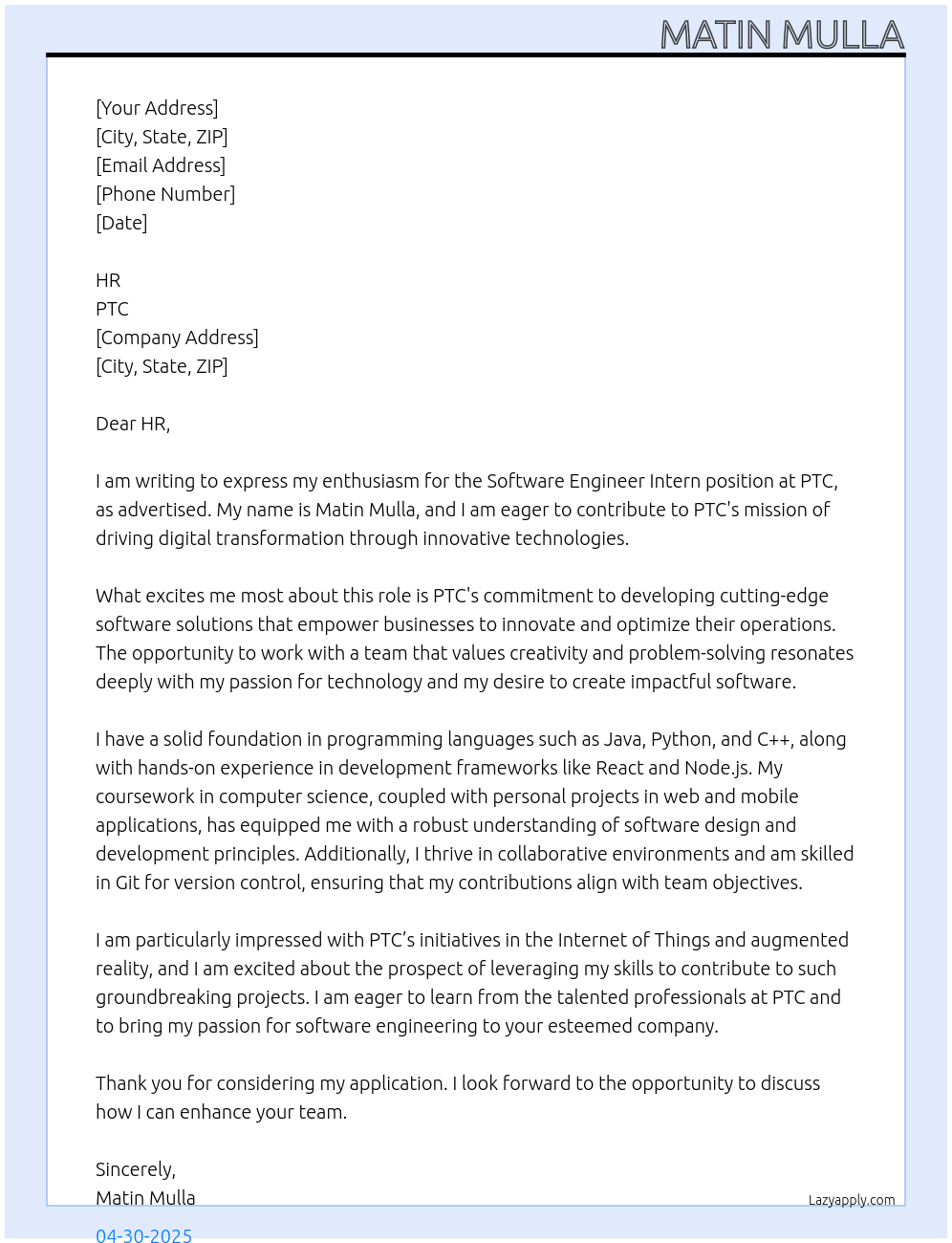 Software Engineer Intern At PTC Cover Letter