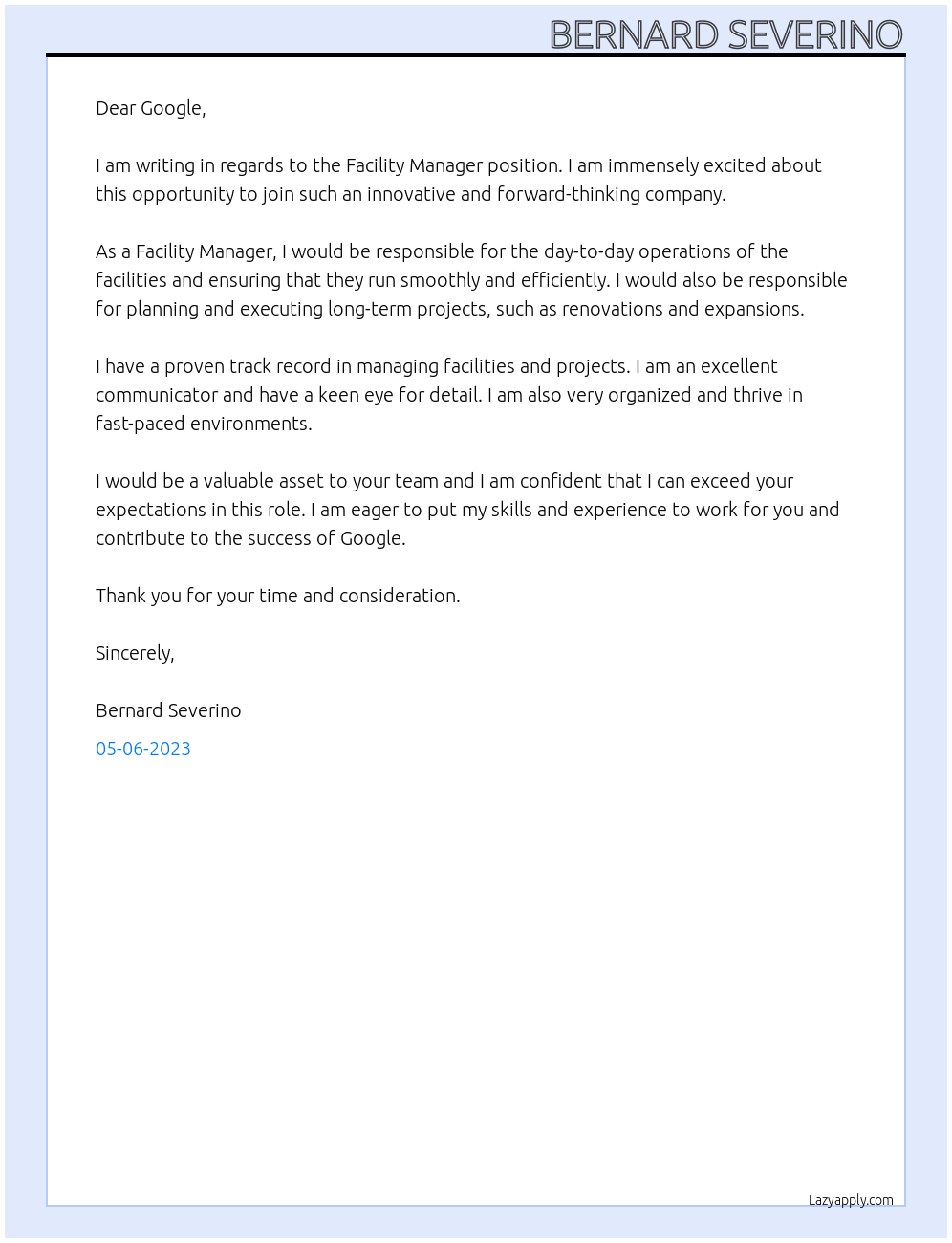 Facility Manager At google Cover Letter