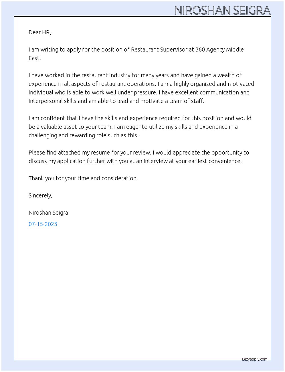 Restaurant Supervisor At 360 Agency Middle East Cover Letter