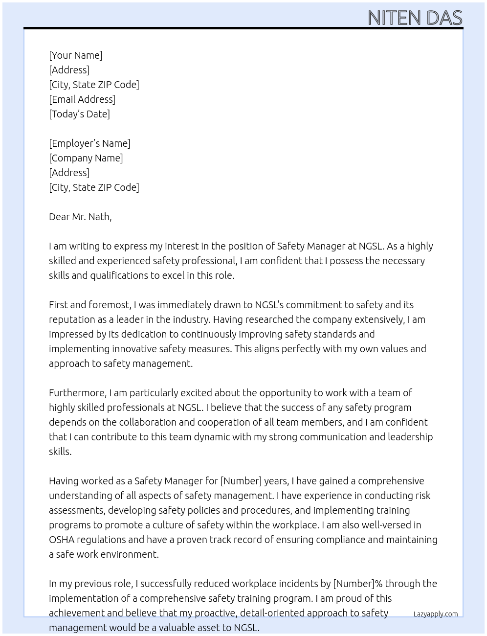 Safety Manager  At NGSL Cover Letter