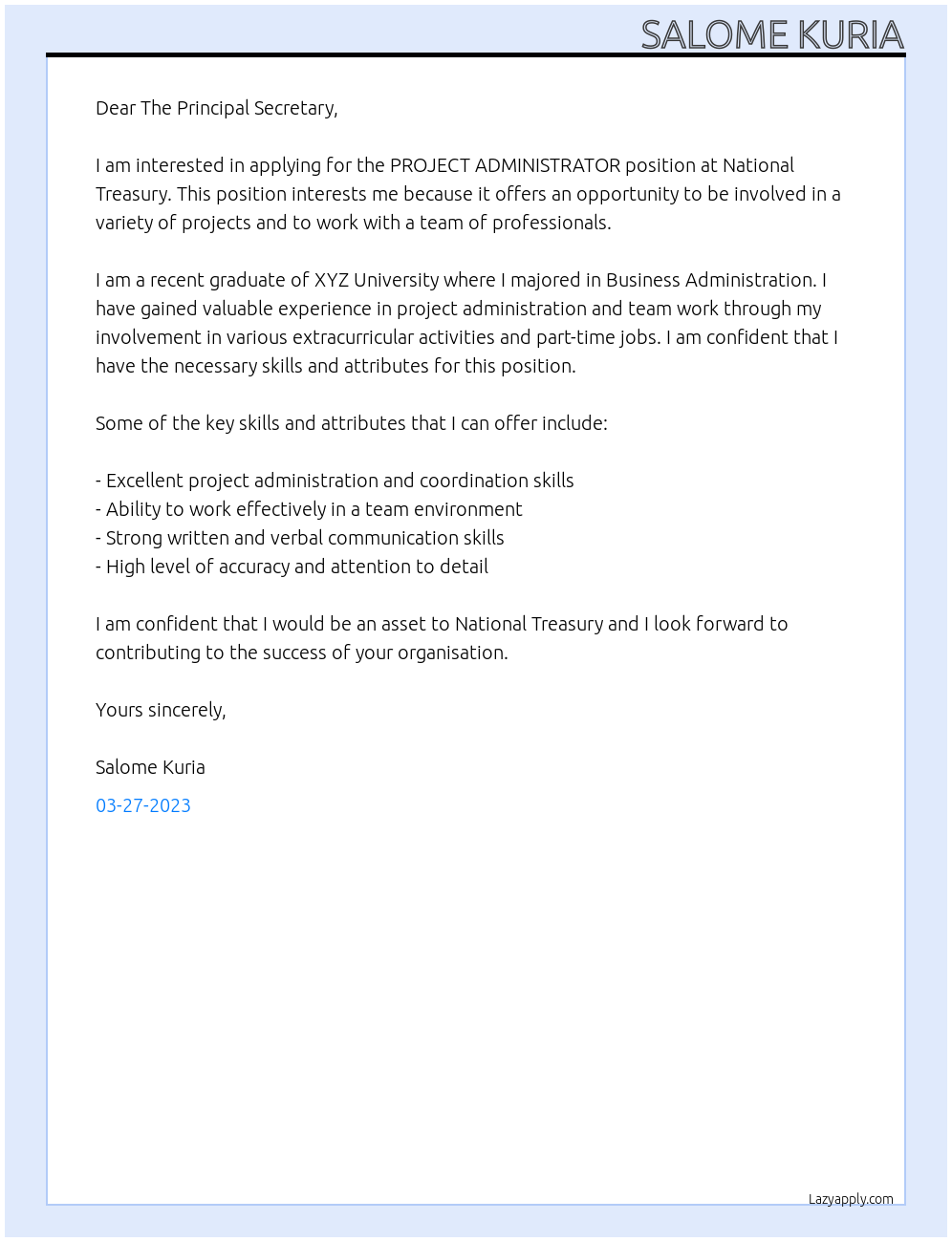 PROJECT ADMINISTRATOR At National Treasury Cover Letter