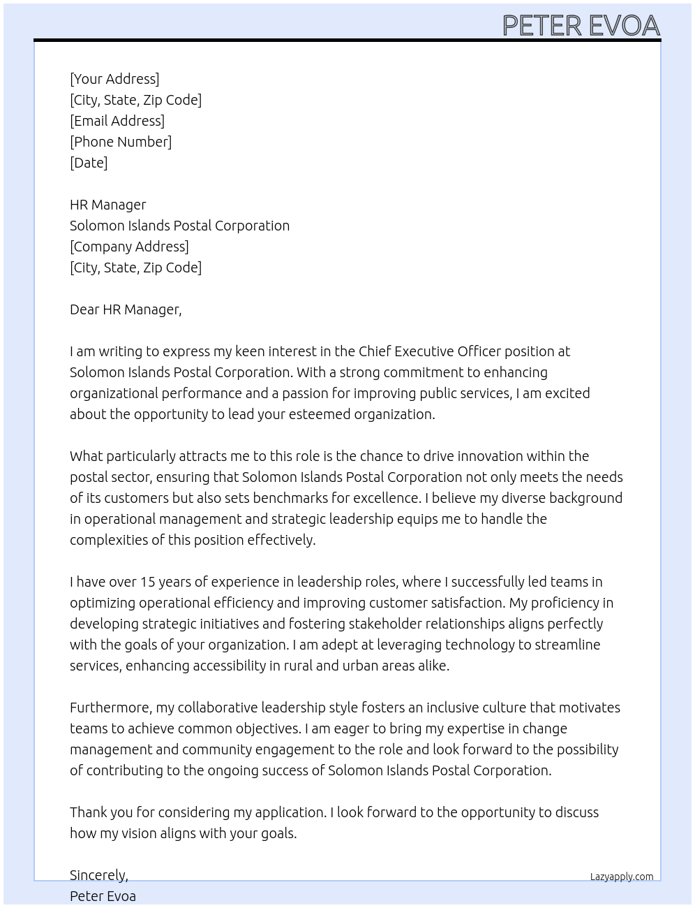 Chief Executive Officer At Solomon Islands Postal Corporation Cover Letter