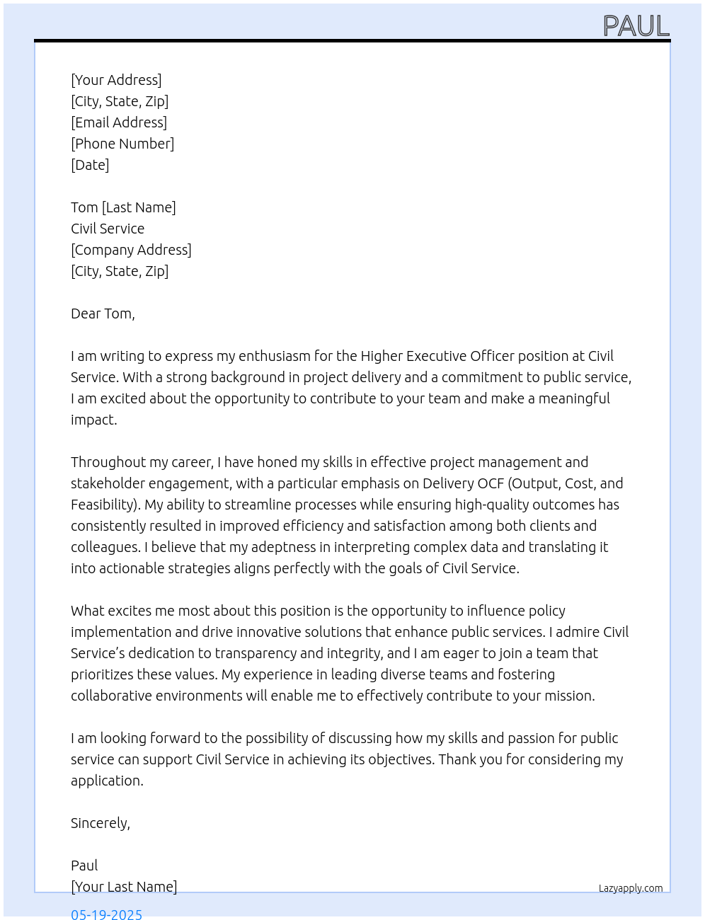 Higher executive officer At Civil service Cover Letter