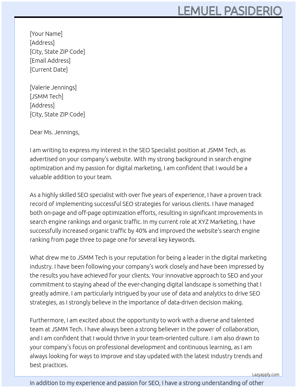 SEO SPecialist At JSMM Tech Cover Letter