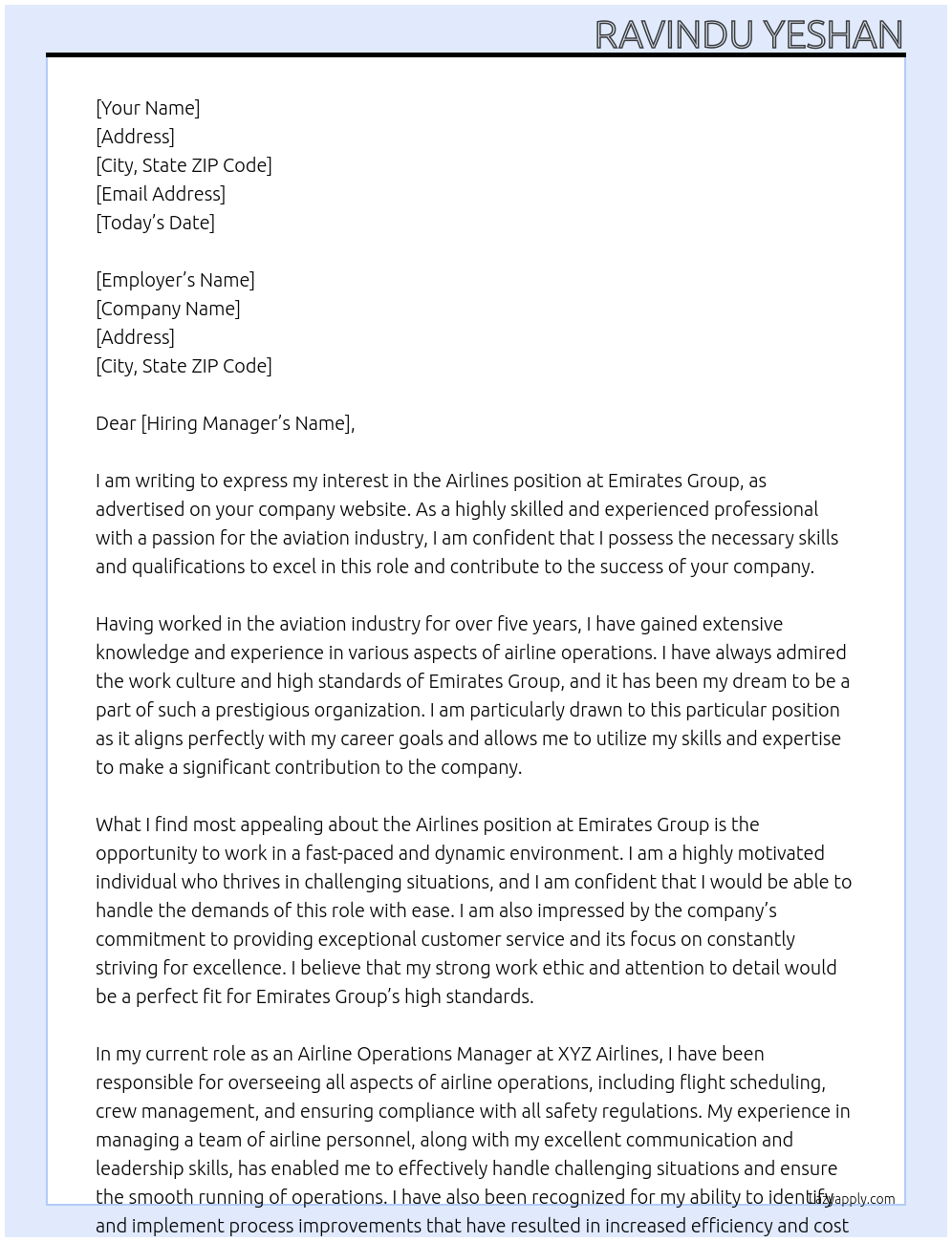 Airlines  At Emirates group  Cover Letter