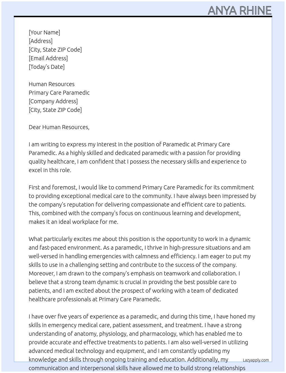 paramedic At Primary Care Paramedic Cover Letter