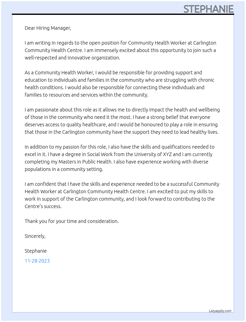 Community Health Worker At Carlington Community Health Centre Cover Letter